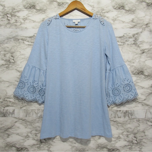 J. Jill Eyelet Bell Sleeve Tunic Top Blue | Size Small - Picture 3 of 16